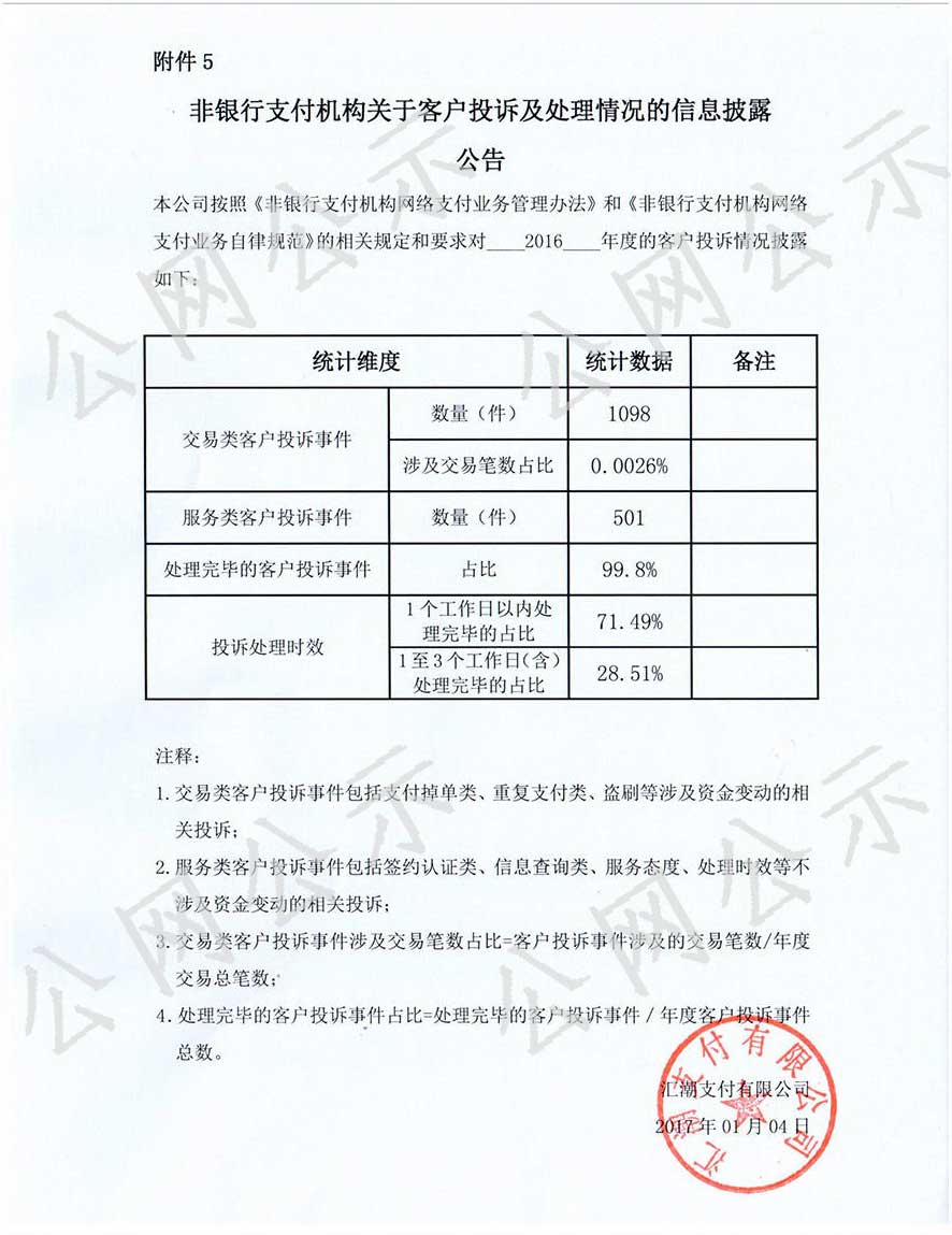 2016年度非银行支付机构关于客户投诉及处理情况的信息披露公告